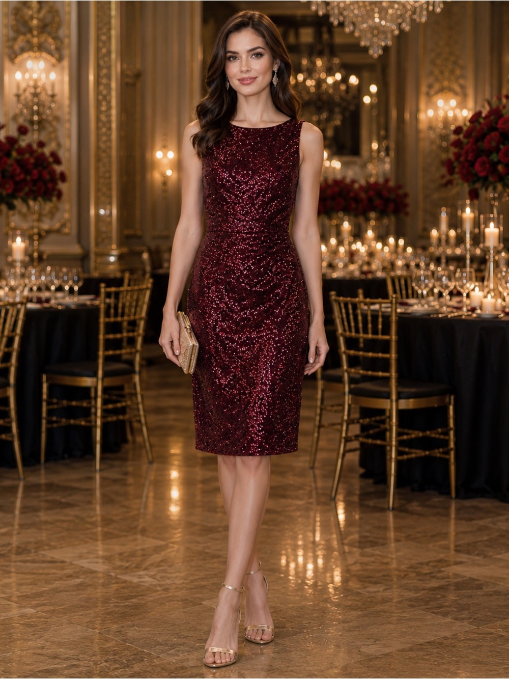 NWT Lauren Ralph Lauren Sequin Cocktail Dress Sz 10 Garnet Holiday Party NYE
